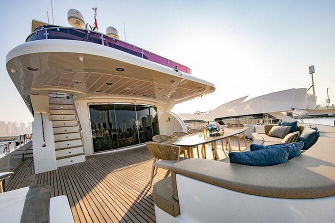 Dubai Harbour Super Yacht Experience with gourmet & Drinks - Palm Jumeirah and the view toward Atlantis