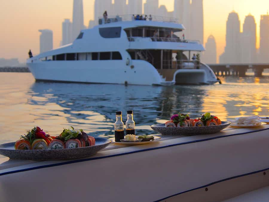 Dubai: Luxury Private 50 FT Yacht Cruise + Optional Sushi - Sunset, music, and swimming time