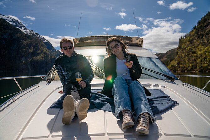 Private yacht Cruise in Flåm and Gudvangen, Nærøyfjord - Leaving Flåm through Aurland Fjord